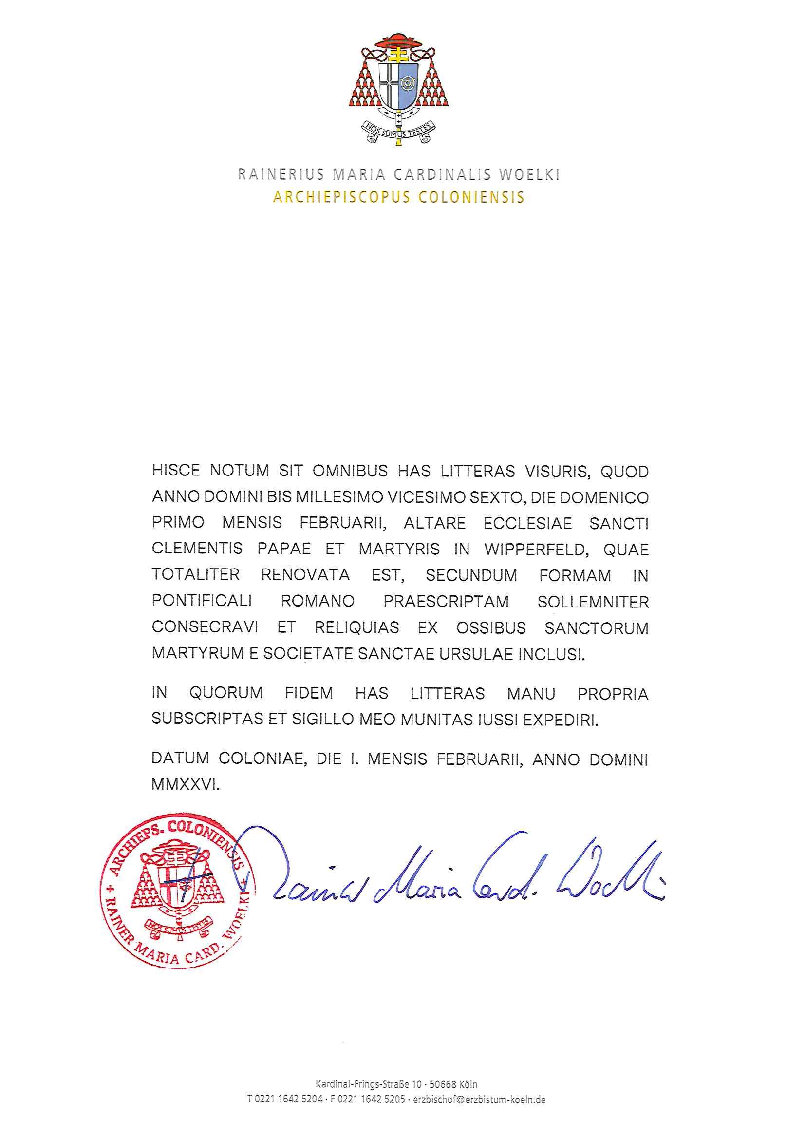 Urkunde zur Altarweihe in Wipperfeld 2026 (c) Erzbistum Köln